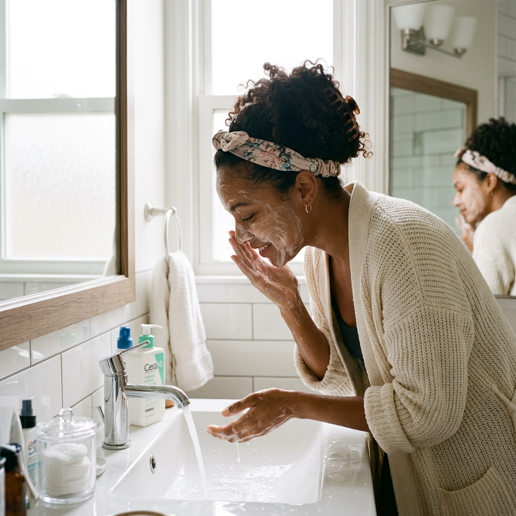 Woman washing face with facial cleanser in bathroom sink