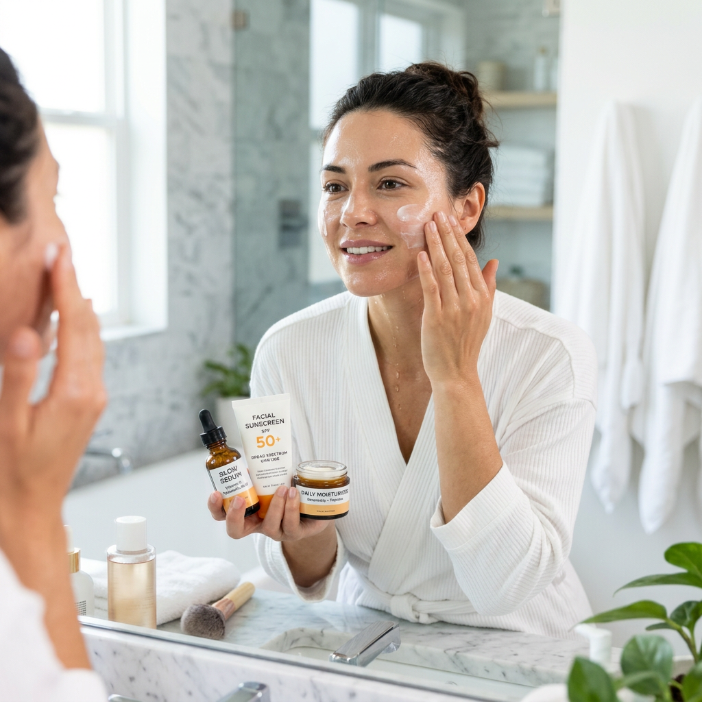Woman in white robe applying facial cream while holding skincare products in front of bathroom mirror
