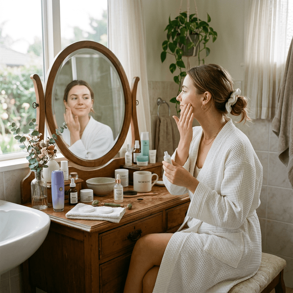 Woman applying skincare cream at wooden vanity with mirror