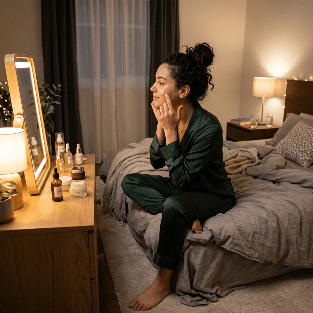 Woman applying skincare cream on her face seated on bed near a vanity mirror with skincare bottles