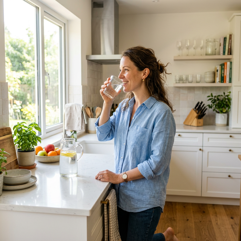 Woman in blue shirt drinking water at kitchen counter