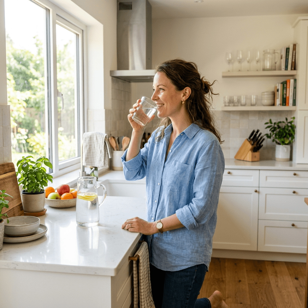 Woman in blue shirt drinking water at kitchen counter