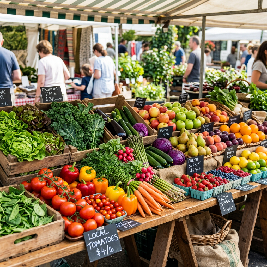 Fresh healthy fruits and vegetables display