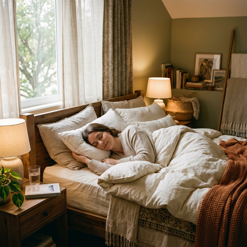 Woman sleeping peacefully in a bed with soft beige linens and warm lighting