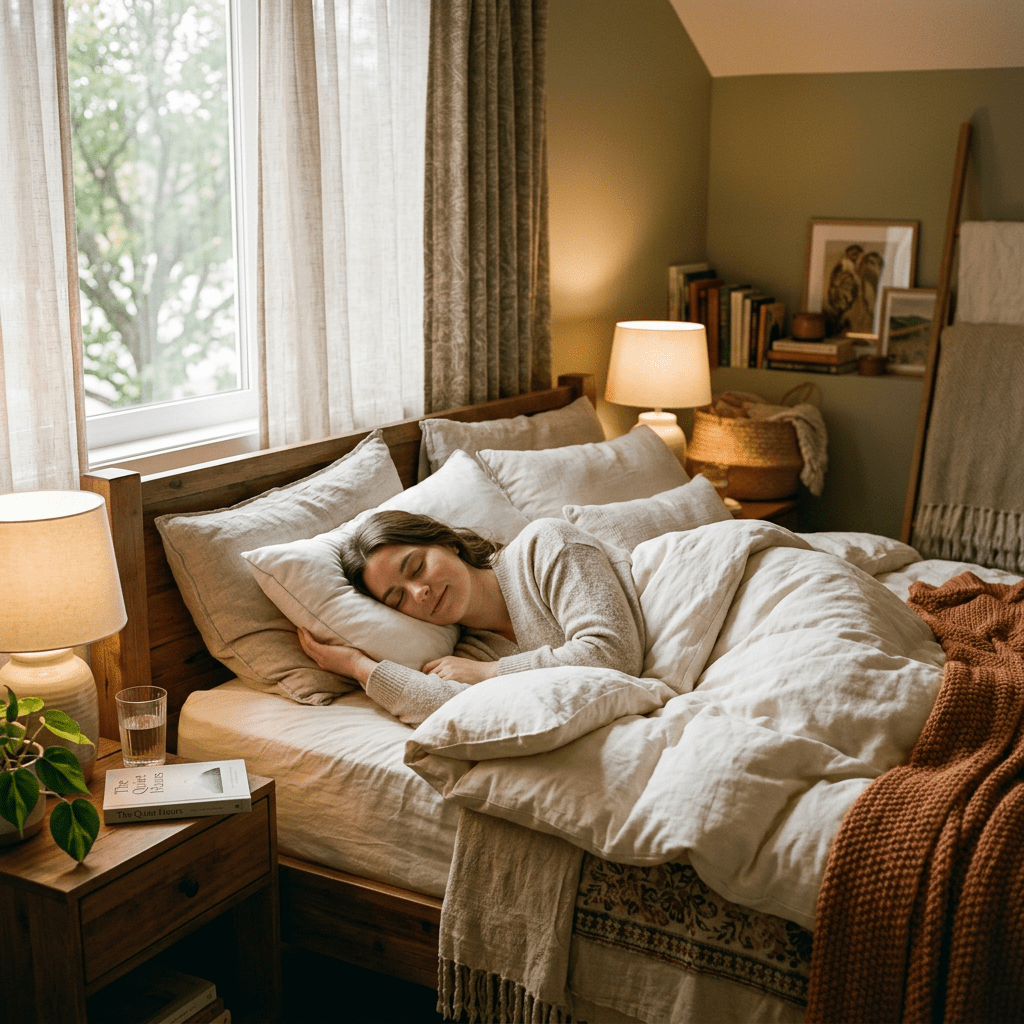 Woman sleeping peacefully in a bed with soft beige linens and warm lighting