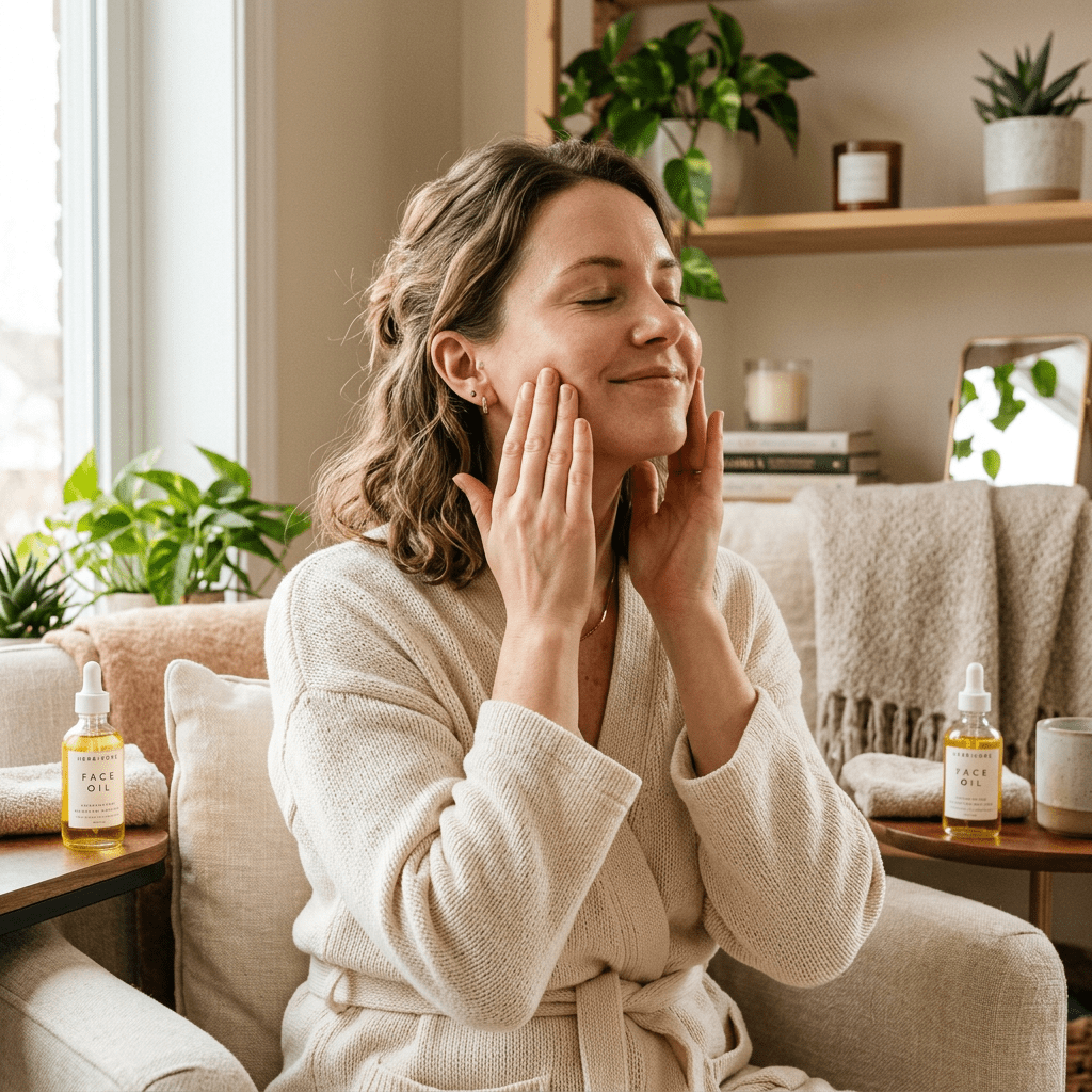 Woman applying face oil to her cheeks with closed eyes in a cozy room